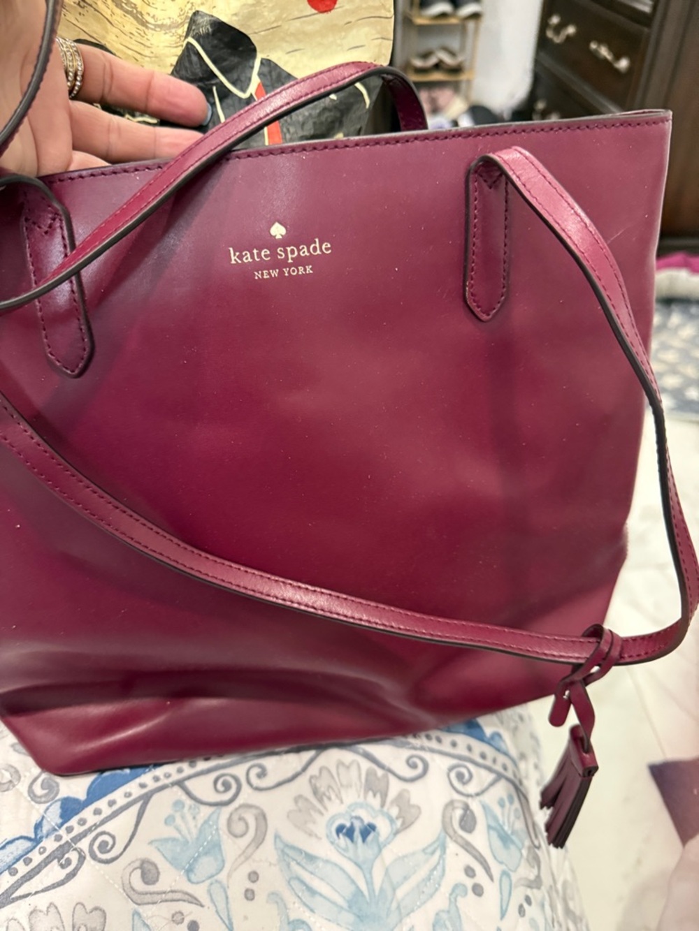 kate spade plum leather tote with gold logo